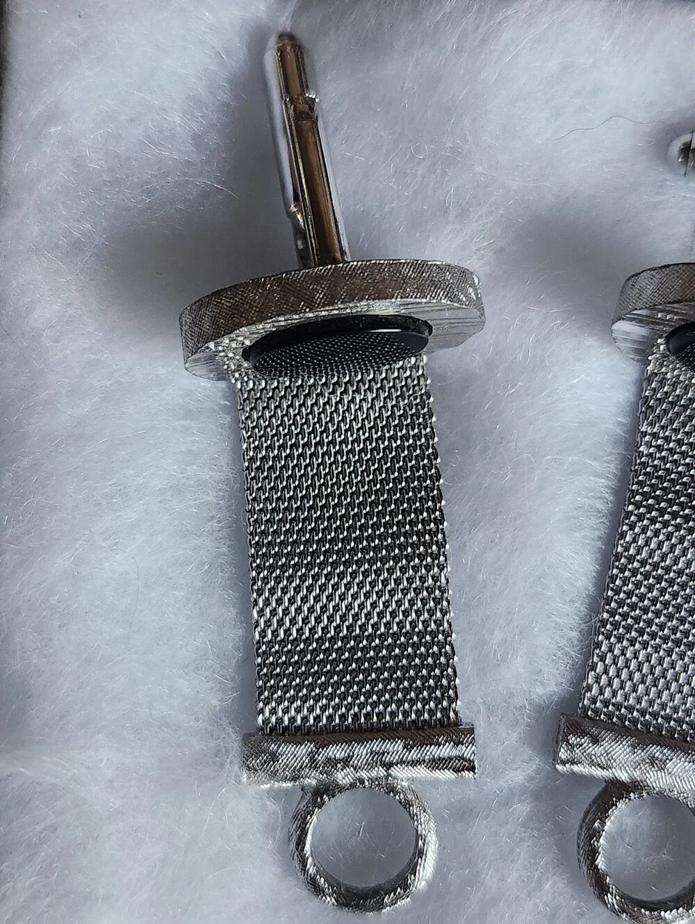 Vtg DANTE Silver Tone Mesh Cufflinks with Black Oval Inlay